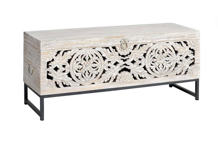 Giner y Colomer Baúl de Madera de Mango y Patas Metal Blanco Envejecido 50x116x40 cm